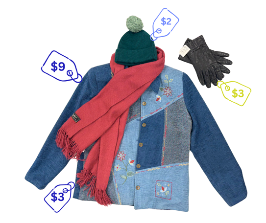 cold weather outfit. jean shirt embroidered with flowers, cashmink scarf, gloves, hat with pom pom, all for $17