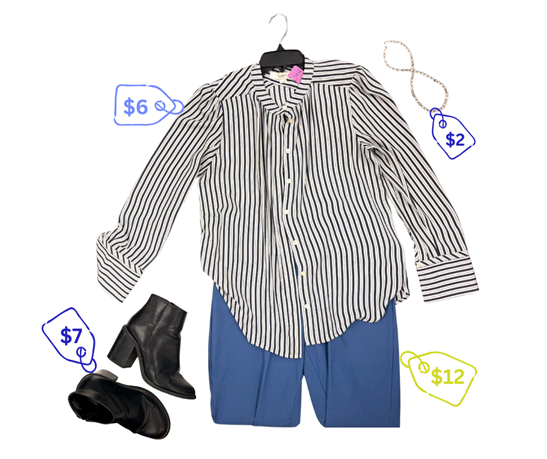 smart casual outfit, blue slacks, black platform boots, blue and white vertically striped dress shirt, pearl necklace, all for $27