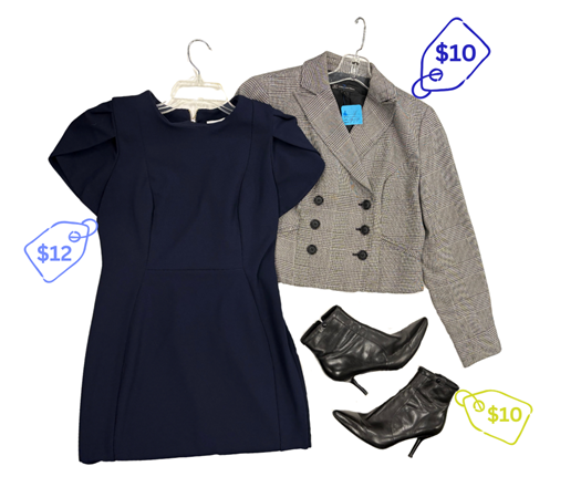 Formal business outfit, black short dress, double breasted jacket, italian boots, all for $32